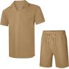 imageUOUA 2 Piece Short Sets for Men Summer Beach Outfits Stripe Texture Button Down Shirts ampamp Shorts Casual Vacation SetKhaki