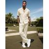 imageUOUA Mens Summer 2 Piece Set Casual Outfits Button Short Sleeve Shirt ampamp Loose Pants Textured Striped Tracksuit Walking SuitsClassicbeige