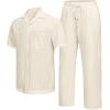 imageUOUA Mens Summer 2 Piece Set Casual Outfits Button Short Sleeve Shirt ampamp Loose Pants Textured Striped Tracksuit Walking SuitsClassicbeige