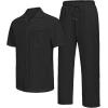 imageUOUA Mens Summer 2 Piece Set Casual Outfits Button Short Sleeve Shirt ampamp Loose Pants Textured Striped Tracksuit Walking SuitsClassicblack