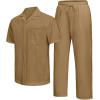 imageUOUA Mens Summer 2 Piece Set Casual Outfits Button Short Sleeve Shirt ampamp Loose Pants Textured Striped Tracksuit Walking SuitsClassickhaki