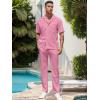 imageUOUA Mens Summer 2 Piece Set Casual Outfits Button Short Sleeve Shirt ampamp Loose Pants Textured Striped Tracksuit Walking SuitsClassicpink