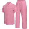 imageUOUA Mens Summer 2 Piece Set Casual Outfits Button Short Sleeve Shirt ampamp Loose Pants Textured Striped Tracksuit Walking SuitsClassicpink