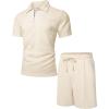 imageUOUA Mens Summer Track Suits 2 Piece Shorts Sets Short Sleeve Sweatsuit Outfits 14 Zip Golf Polo Shirts LoungewearBeige