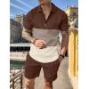 imageUOUA Mens Summer Track Suits 2 Piece Shorts Sets Short Sleeve Sweatsuit Outfits 14 Zip Golf Polo Splicing Striped ShirtsBlock Brown