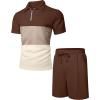 imageUOUA Mens Summer Track Suits 2 Piece Shorts Sets Short Sleeve Sweatsuit Outfits 14 Zip Golf Polo Splicing Striped ShirtsBlock Brown