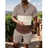 imageUOUA Mens Summer Track Suits 2 Piece Shorts Sets Short Sleeve Sweatsuit Outfits 14 Zip Golf Polo Splicing Striped ShirtsBlock Khaki