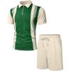 imageUOUA Mens Summer Track Suits 2 Piece Shorts Sets Short Sleeve Sweatsuit Outfits 14 Zip Golf Polo Splicing Striped ShirtsGreen Stripe Beige