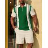 imageUOUA Mens Summer Track Suits 2 Piece Shorts Sets Short Sleeve Sweatsuit Outfits 14 Zip Golf Polo Splicing Striped ShirtsGreen Stripe Beige