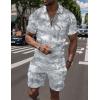 imageUOUA Mens Summer Track Suits 2 Piece Shorts Sets Short Sleeve Sweatsuit Outfits 14 Zip Golf Polo Splicing Striped ShirtsGrey Leaves