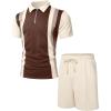 imageUOUA Mens Summer Track Suits 2 Piece Shorts Sets Short Sleeve Sweatsuit Outfits 14 Zip Golf Polo Splicing Striped ShirtsKhakistripe Beige