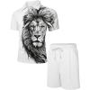 imageUOUA Mens Summer Track Suits 2 Piece Shorts Sets Short Sleeve Sweatsuit Outfits 14 Zip Golf Polo Splicing Striped ShirtsWhite Lion