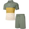 imageUOUA Mens Summer Track Suits 2 Piece Shorts Sets Short Sleeve Sweatsuit Outfits 14 Zip Golf Polo Splicing Striped ShirtsYellowblockgreen