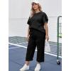 imageUOUA Womens Plus Size Sweatsuit 2 Piece Outfits Summer Short Sleeve Tops Wide Leg Pants Tracksuit Lounge SetsBlack