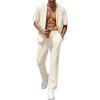 imageUOUA Mens Summer 2 Piece Set Casual Outfits Button Short Sleeve Shirt ampamp Loose Pants Textured Striped Tracksuit Walking SuitsClassicbeige