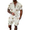 imageUOUA Mens Summer Track Suits 2 Piece Shorts Sets Short Sleeve Sweatsuit Outfits 14 Zip Golf Polo Splicing Striped ShirtsBeige Branches
