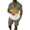 imageUOUA Mens Summer Track Suits 2 Piece Shorts Sets Short Sleeve Sweatsuit Outfits 14 Zip Golf Polo Splicing Striped ShirtsYellowblockgreen