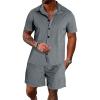 imageUOUA Mens Velour Tracksuit 2 Piece Outfits Short Sleeve Button Down Shirt and Short Sets Casual SweatsuitsGrey