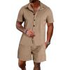 imageUOUA Mens Velour Tracksuit 2 Piece Outfits Short Sleeve Button Down Shirt and Short Sets Casual SweatsuitsKhaki