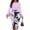 imageUOUA Womens Church Dress Bell Sleeve Cocktail Business Work Dresses Tea Party Floral Print Pencil DressesLavender