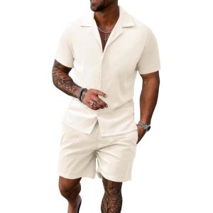 imageUOUA 2 Piece Short Sets for Men Summer Beach Outfits Stripe Texture Button Down Shirts ampamp Shorts Casual Vacation SetBeige
