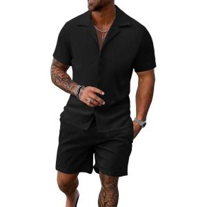 imageUOUA 2 Piece Short Sets for Men Summer Beach Outfits Stripe Texture Button Down Shirts ampamp Shorts Casual Vacation SetBlack