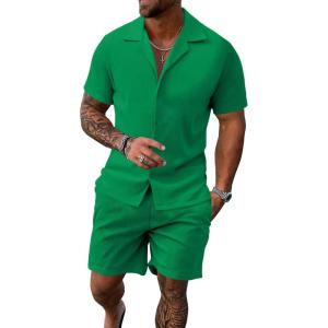 imageUOUA 2 Piece Short Sets for Men Summer Beach Outfits Stripe Texture Button Down Shirts ampamp Shorts Casual Vacation SetEmeraldgreen