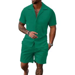 imageUOUA 2 Piece Short Sets for Men Summer Beach Outfits Stripe Texture Button Down Shirts ampamp Shorts Casual Vacation SetGreen