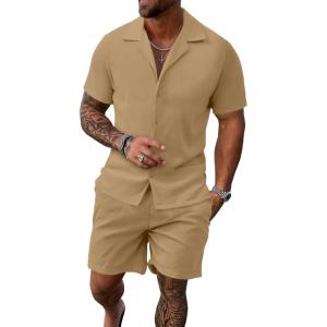 imageUOUA 2 Piece Short Sets for Men Summer Beach Outfits Stripe Texture Button Down Shirts ampamp Shorts Casual Vacation SetKhaki