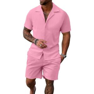 imageUOUA 2 Piece Short Sets for Men Summer Beach Outfits Stripe Texture Button Down Shirts ampamp Shorts Casual Vacation SetPink