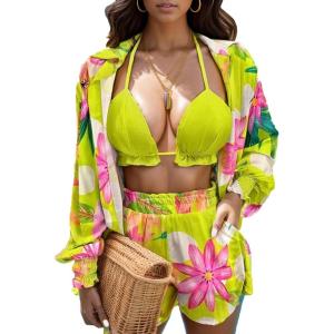 imageUOUA 3 Piece Swimsuits for Women Hawaiian Outfits Floral Tropical Bikini ampamp Short Sets Summer Beach Sexy Cover Ups Luau PartyFloral Green