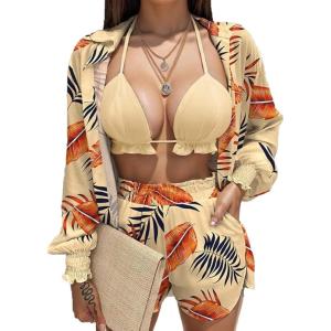 imageUOUA 3 Piece Swimsuits for Women Hawaiian Outfits Floral Tropical Bikini ampamp Short Sets Summer Beach Sexy Cover Ups Luau PartyKhaki