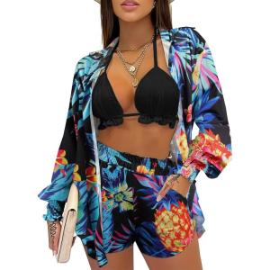 imageUOUA 3 Piece Swimsuits for Women Hawaiian Outfits Floral Tropical Bikini ampamp Short Sets Summer Beach Sexy Cover Ups Luau PartyPurple Black