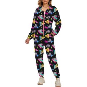 imageUOUA 80s Outfit Women 90s Jumpsuit Costume OnePiece Workout Track Suit Long Sleeves Party Retro ClothingBlack Print