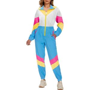 imageUOUA 80s Outfit Women 90s Jumpsuit Costume OnePiece Workout Track Suit Long Sleeves Party Retro ClothingBlue White