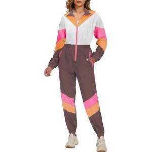imageUOUA 80s Outfit Women 90s Jumpsuit Costume OnePiece Workout Track Suit Long Sleeves Party Retro ClothingBrown White