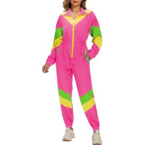 imageUOUA 80s Outfit Women 90s Jumpsuit Costume OnePiece Workout Track Suit Long Sleeves Party Retro ClothingPink