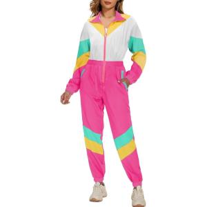 imageUOUA 80s Outfit Women 90s Jumpsuit Costume OnePiece Workout Track Suit Long Sleeves Party Retro ClothingPink White
