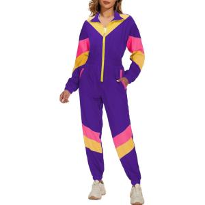 imageUOUA 80s Outfit Women 90s Jumpsuit Costume OnePiece Workout Track Suit Long Sleeves Party Retro ClothingPurple