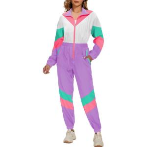 imageUOUA 80s Outfit Women 90s Jumpsuit Costume OnePiece Workout Track Suit Long Sleeves Party Retro ClothingPurple White