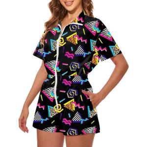 imageUOUA 80s Outfit Women 90s Jumpsuit Costume OnePiece Workout Track Suit Party Retro ClothingBlack Print