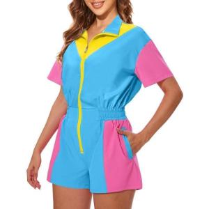 imageUOUA 80s Outfit Women 90s Jumpsuit Costume OnePiece Workout Track Suit Party Retro ClothingBlue
