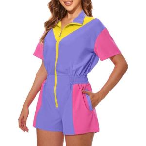 imageUOUA 80s Outfit Women 90s Jumpsuit Costume OnePiece Workout Track Suit Party Retro ClothingLight Purple