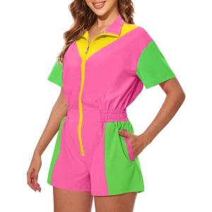 imageUOUA 80s Outfit Women 90s Jumpsuit Costume OnePiece Workout Track Suit Party Retro ClothingPink