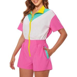 imageUOUA 80s Outfit Women 90s Jumpsuit Costume OnePiece Workout Track Suit Party Retro ClothingPinkwhite