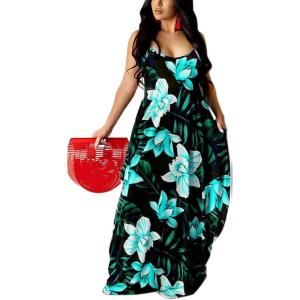 imageUOUA Hawaiian Dresses Women Plus Size Luau Party Sundress Summer Maxi Tropical Boho Beach DressBlue