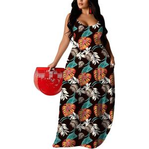 imageUOUA Hawaiian Dresses Women Plus Size Luau Party Sundress Summer Maxi Tropical Boho Beach DressColorfulleaves