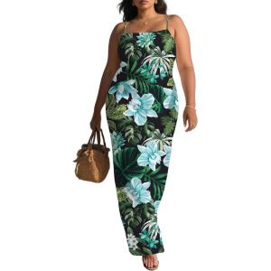 imageUOUA Hawaiian Dresses Women Plus Size Luau Party Sundress Summer Maxi Tropical Boho Beach DressGreenblue