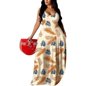 imageUOUA Hawaiian Dresses Women Plus Size Luau Party Sundress Summer Maxi Tropical Boho Beach DressKhaki