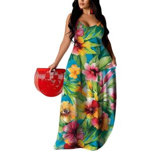 imageUOUA Hawaiian Dresses Women Plus Size Luau Party Sundress Summer Maxi Tropical Boho Beach DressYellowpink